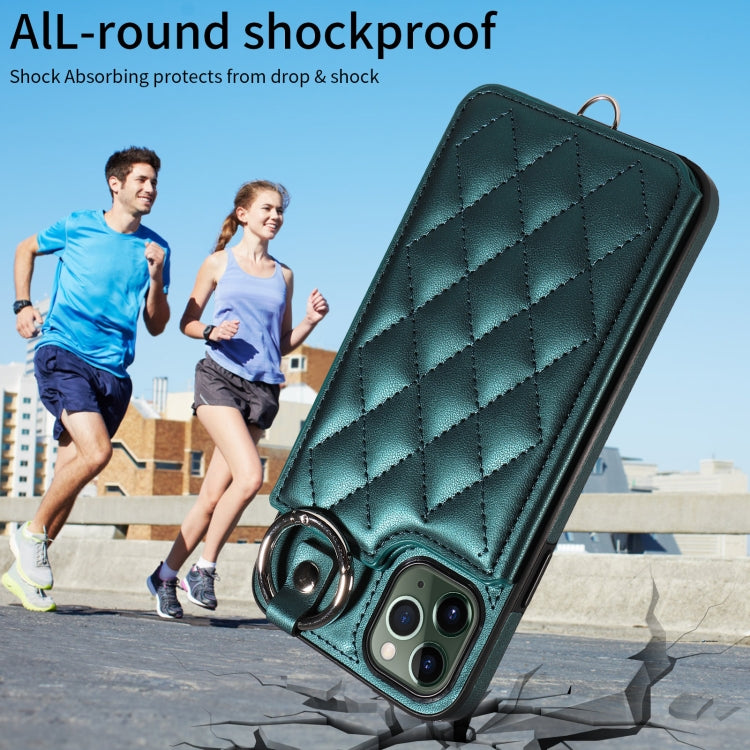 For iPhone 11 Pro Max Rhombic Texture Card Bag Phone Case with Short Lanyard