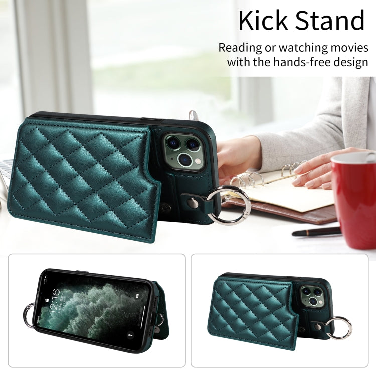 For iPhone 11 Pro Max Rhombic Texture Card Bag Phone Case with Short Lanyard
