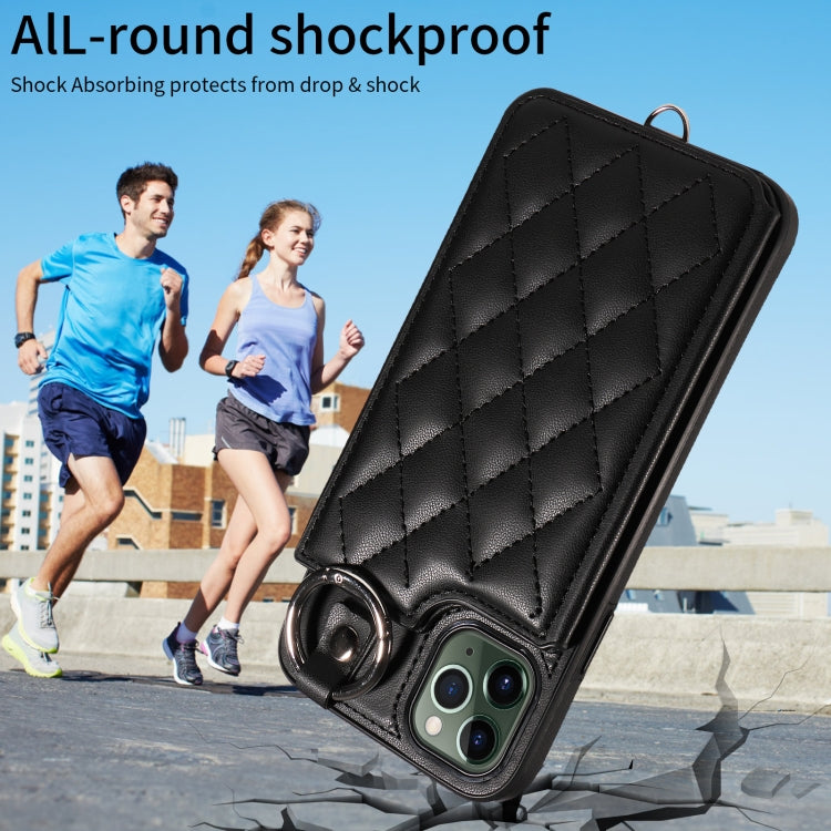 For iPhone 11 Pro Max Rhombic Texture Card Bag Phone Case with Short Lanyard