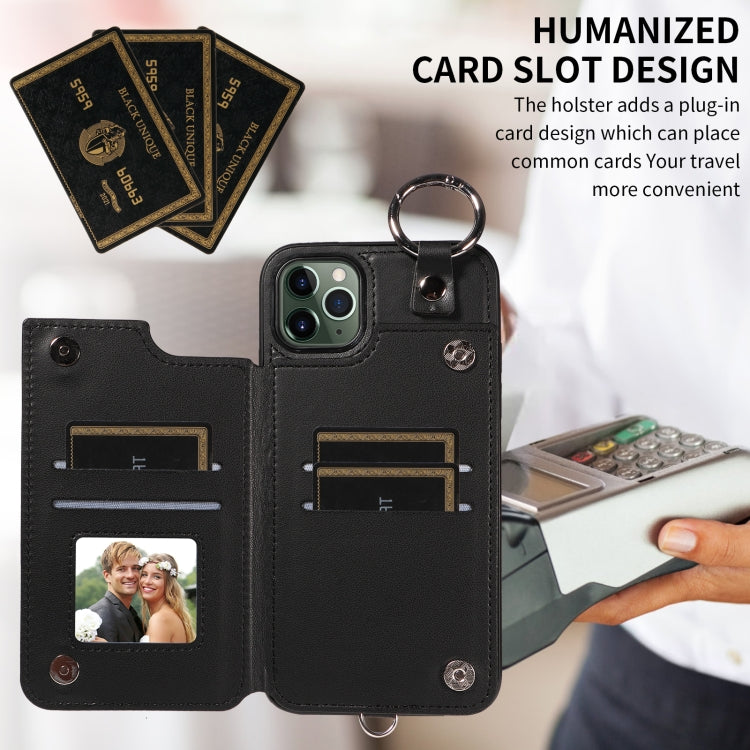 For iPhone 11 Pro Max Rhombic Texture Card Bag Phone Case with Short Lanyard
