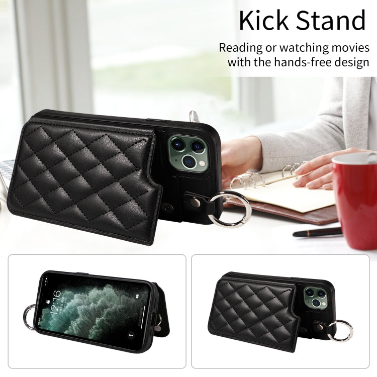 For iPhone 11 Pro Max Rhombic Texture Card Bag Phone Case with Short Lanyard