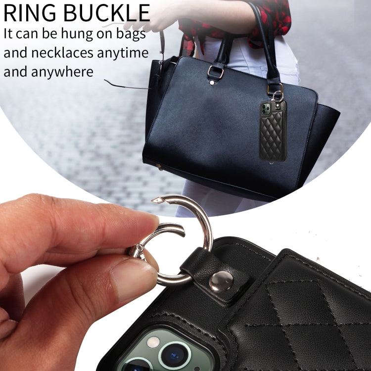 For iPhone 11 Pro Max Rhombic Texture Card Bag Phone Case with Short Lanyard