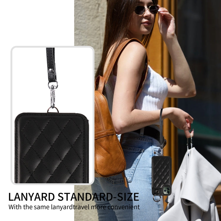 For iPhone 11 Pro Max Rhombic Texture Card Bag Phone Case with Short Lanyard