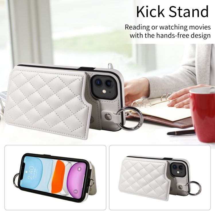 For iPhone 11 Rhombic Texture Card Bag Phone Case with Short Lanyard