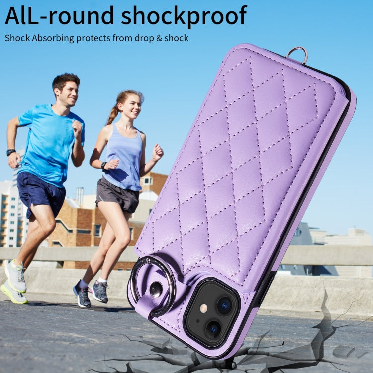 For iPhone 11 Rhombic Texture Card Bag Phone Case with Short Lanyard