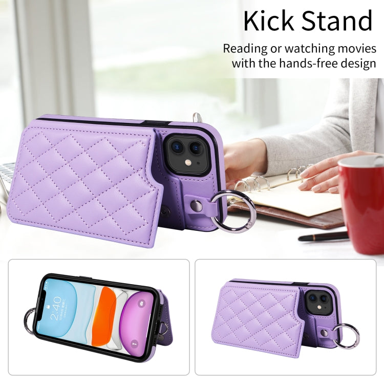 For iPhone 11 Rhombic Texture Card Bag Phone Case with Short Lanyard