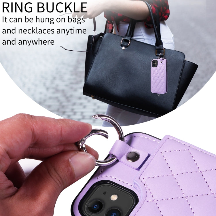 For iPhone 11 Rhombic Texture Card Bag Phone Case with Short Lanyard