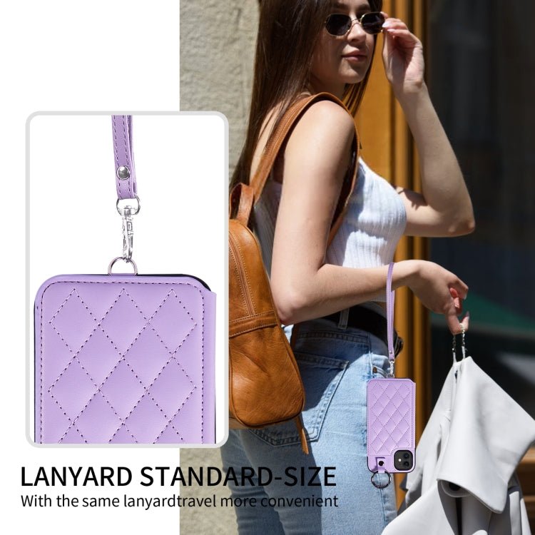 For iPhone 11 Rhombic Texture Card Bag Phone Case with Short Lanyard