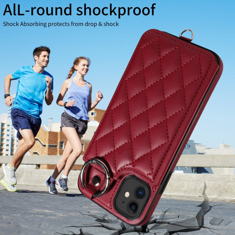 For iPhone 11 Rhombic Texture Card Bag Phone Case with Short Lanyard