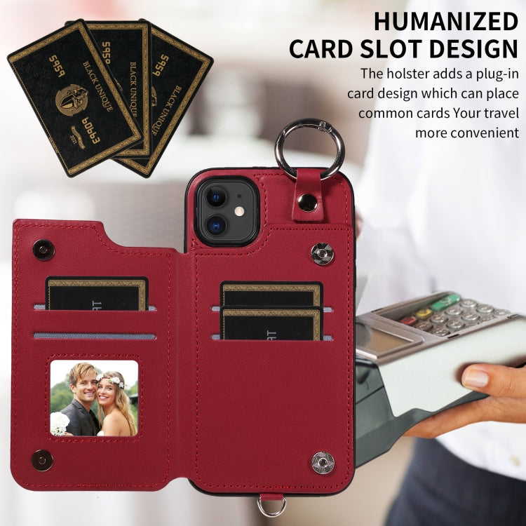 For iPhone 11 Rhombic Texture Card Bag Phone Case with Short Lanyard
