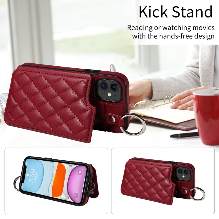 For iPhone 11 Rhombic Texture Card Bag Phone Case with Short Lanyard