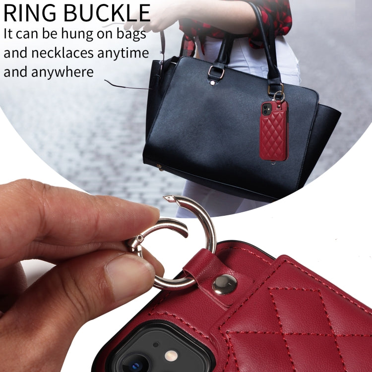 For iPhone 11 Rhombic Texture Card Bag Phone Case with Short Lanyard