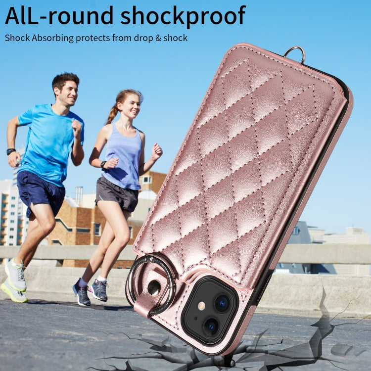 For iPhone 11 Rhombic Texture Card Bag Phone Case with Short Lanyard