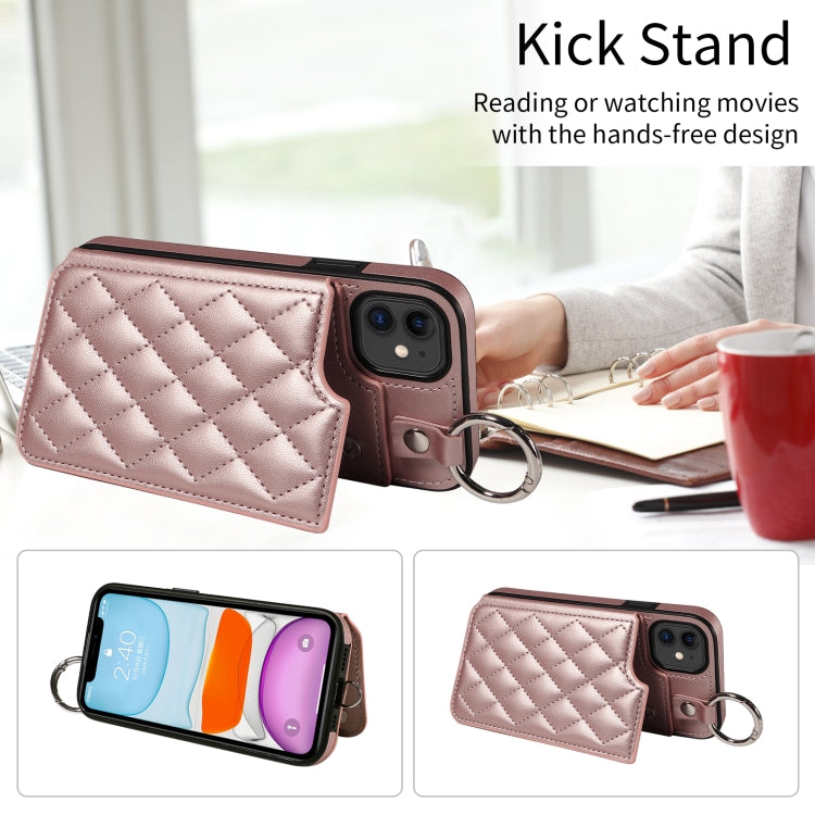 For iPhone 11 Rhombic Texture Card Bag Phone Case with Short Lanyard