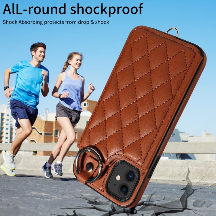For iPhone 11 Rhombic Texture Card Bag Phone Case with Short Lanyard