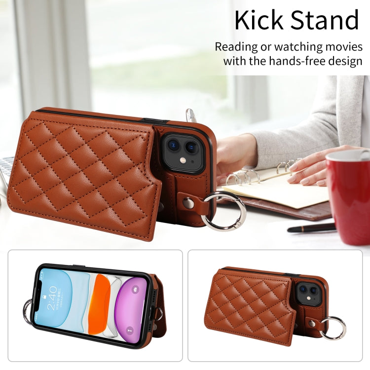 For iPhone 11 Rhombic Texture Card Bag Phone Case with Short Lanyard