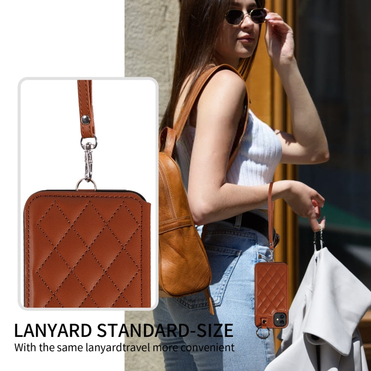 For iPhone 11 Rhombic Texture Card Bag Phone Case with Short Lanyard