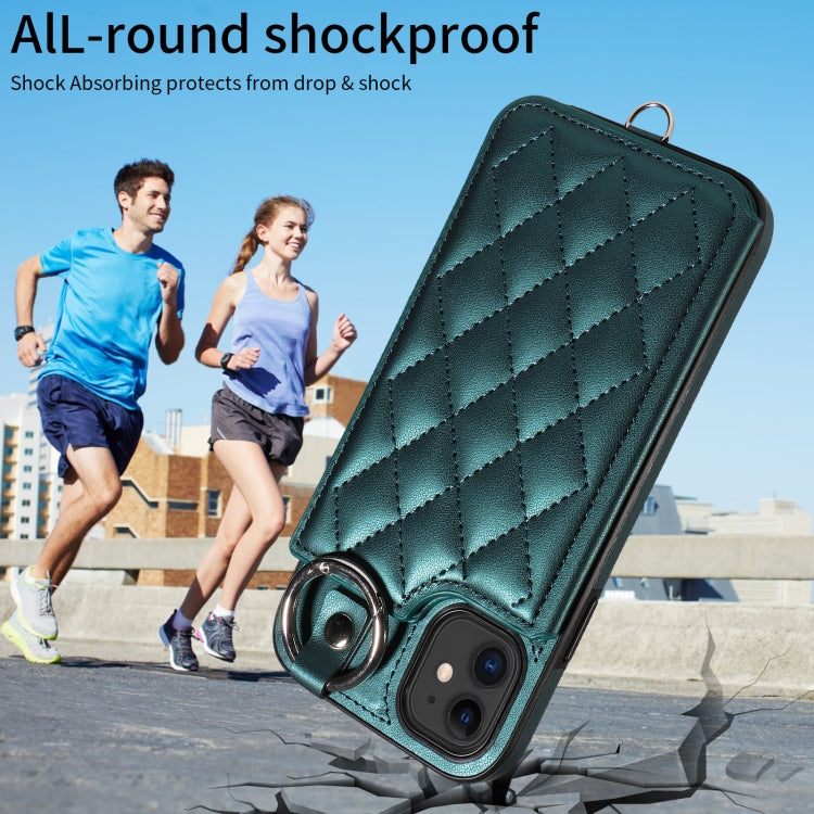 For iPhone 11 Rhombic Texture Card Bag Phone Case with Short Lanyard