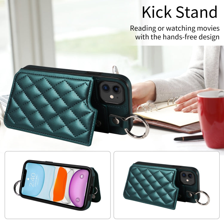 For iPhone 11 Rhombic Texture Card Bag Phone Case with Short Lanyard