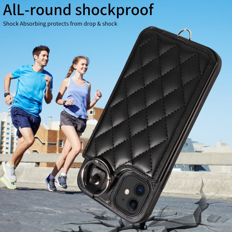 For iPhone 11 Rhombic Texture Card Bag Phone Case with Short Lanyard
