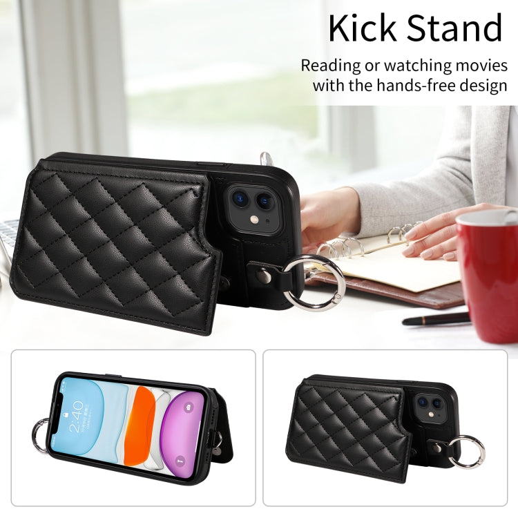 For iPhone 11 Rhombic Texture Card Bag Phone Case with Short Lanyard
