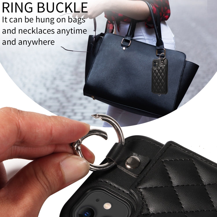 For iPhone 11 Rhombic Texture Card Bag Phone Case with Short Lanyard