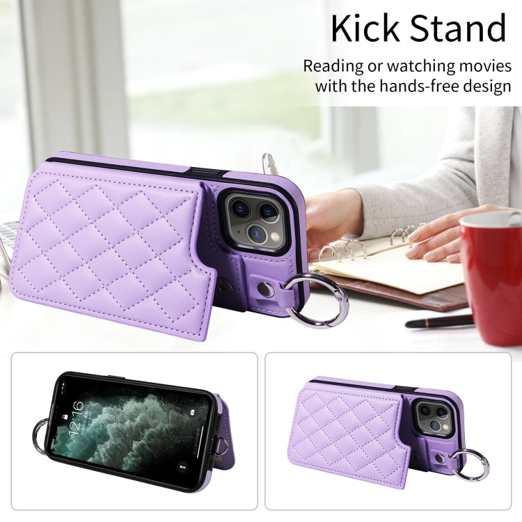 For iPhone 11 Pro Rhombic Texture Card Bag Phone Case with Short Lanyard