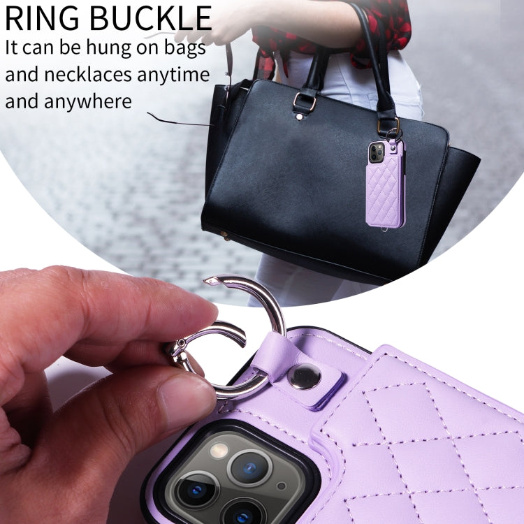 For iPhone 11 Pro Rhombic Texture Card Bag Phone Case with Short Lanyard