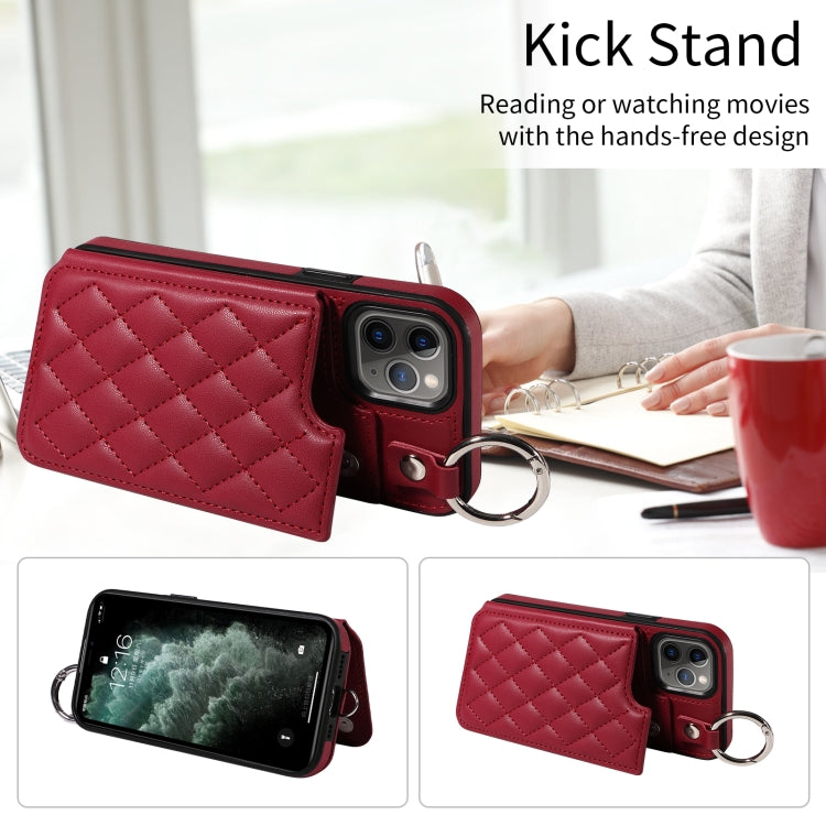 For iPhone 11 Pro Rhombic Texture Card Bag Phone Case with Short Lanyard