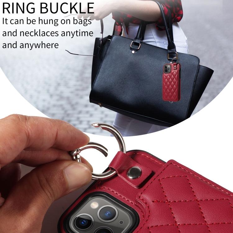 For iPhone 11 Pro Rhombic Texture Card Bag Phone Case with Short Lanyard