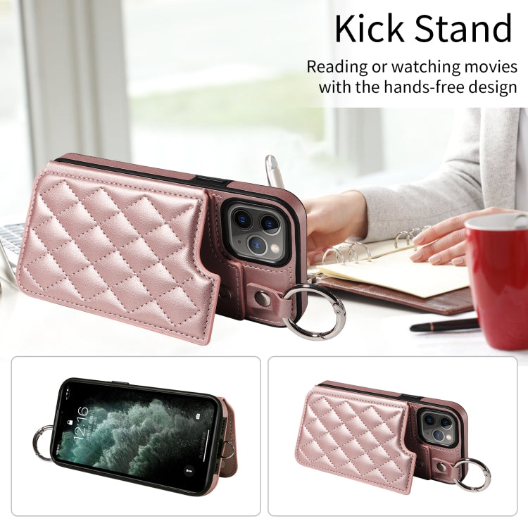 For iPhone 11 Pro Rhombic Texture Card Bag Phone Case with Short Lanyard