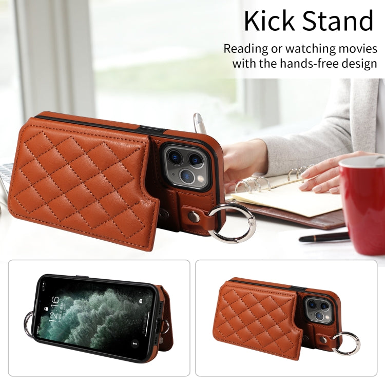 For iPhone 11 Pro Rhombic Texture Card Bag Phone Case with Short Lanyard