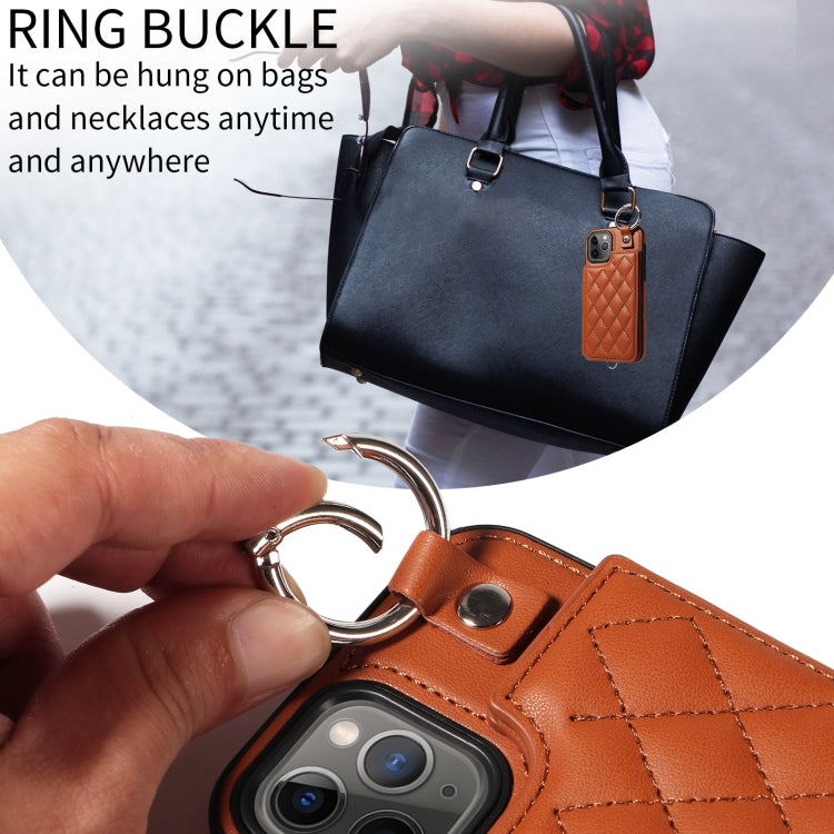 For iPhone 11 Pro Rhombic Texture Card Bag Phone Case with Short Lanyard