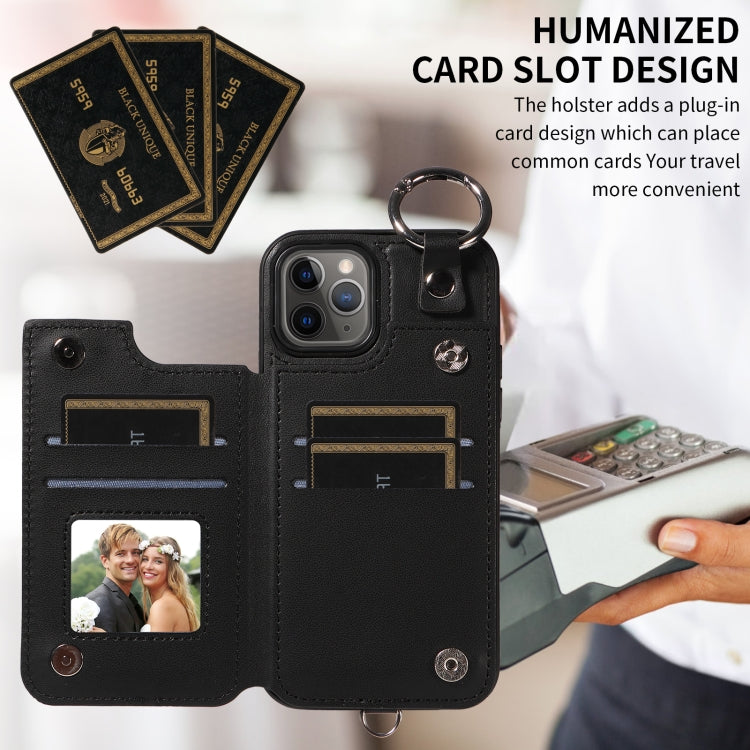 For iPhone 11 Pro Rhombic Texture Card Bag Phone Case with Short Lanyard
