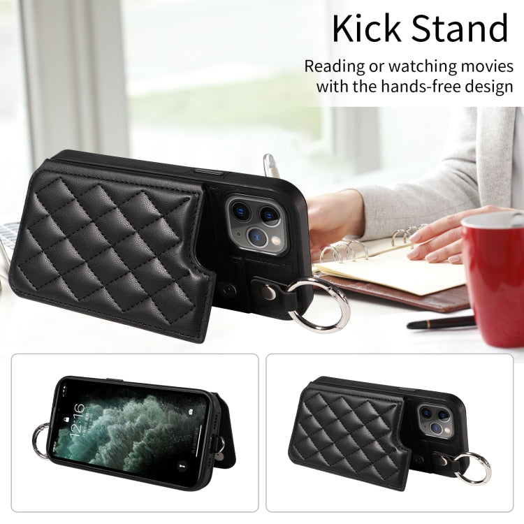 For iPhone 11 Pro Rhombic Texture Card Bag Phone Case with Short Lanyard