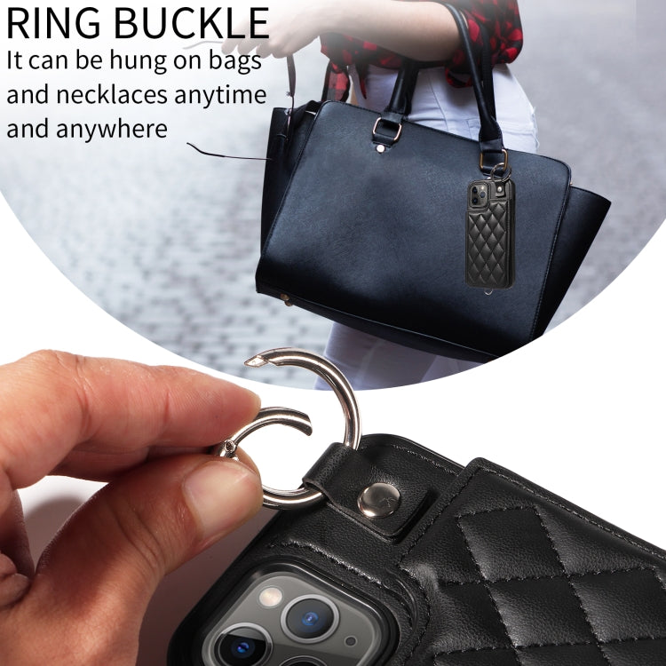 For iPhone 11 Pro Rhombic Texture Card Bag Phone Case with Short Lanyard
