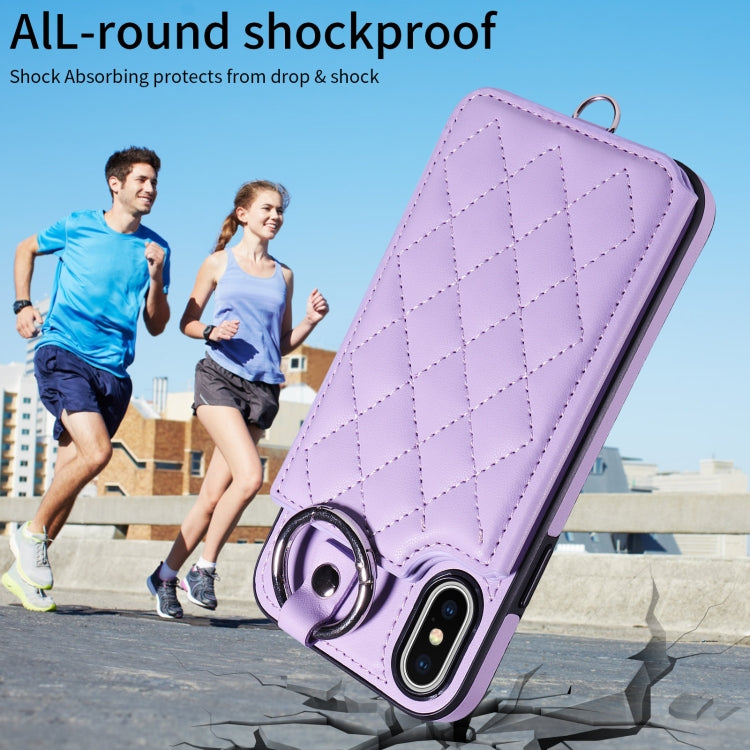 For iPhone XS / X Rhombic Texture Card Bag Phone Case with Short Lanyard