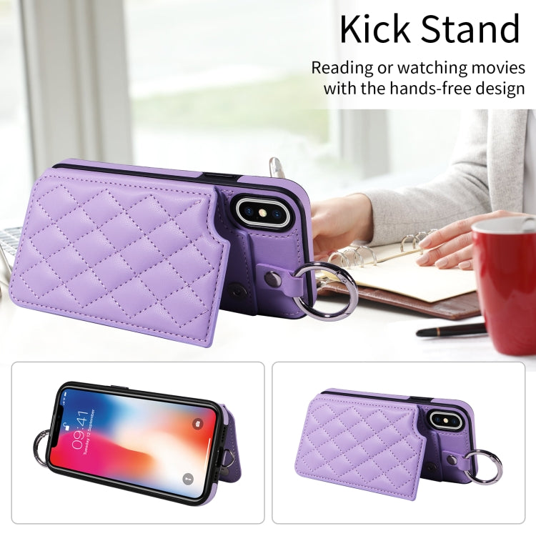 For iPhone XS / X Rhombic Texture Card Bag Phone Case with Short Lanyard