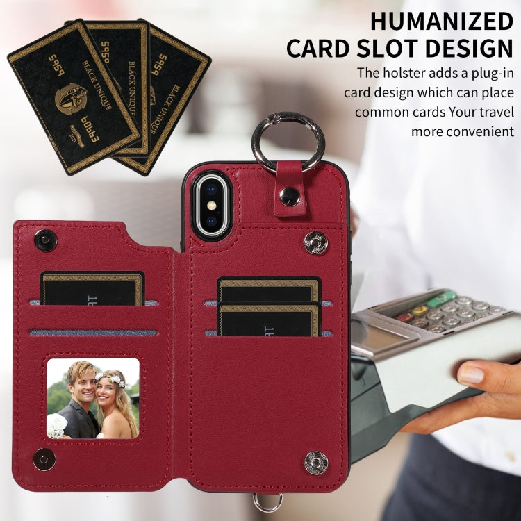 For iPhone XS / X Rhombic Texture Card Bag Phone Case with Short Lanyard