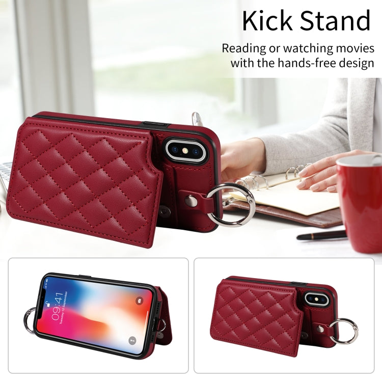For iPhone XS / X Rhombic Texture Card Bag Phone Case with Short Lanyard