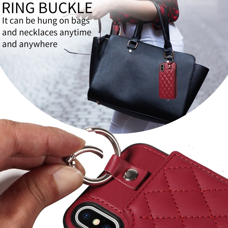 For iPhone XS / X Rhombic Texture Card Bag Phone Case with Short Lanyard