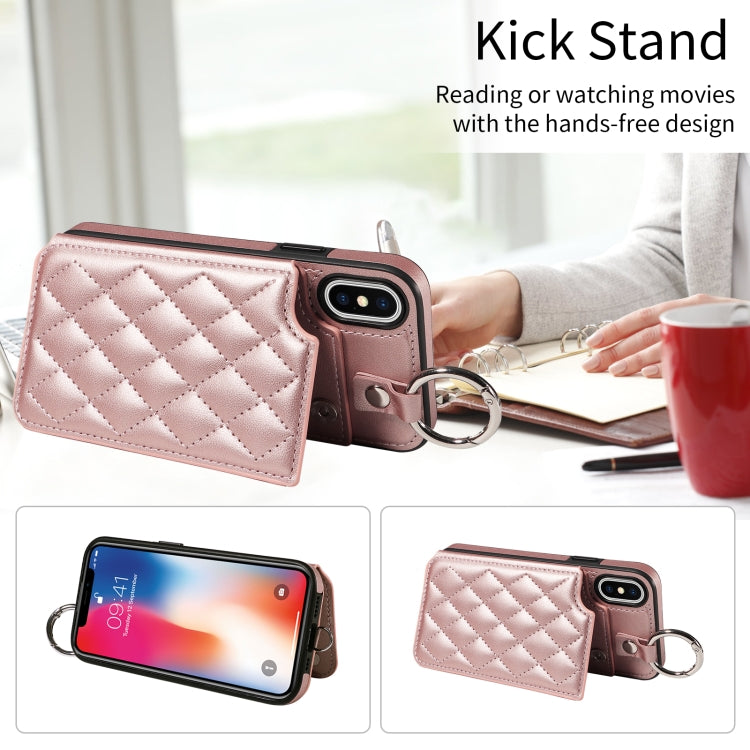 For iPhone XS / X Rhombic Texture Card Bag Phone Case with Short Lanyard
