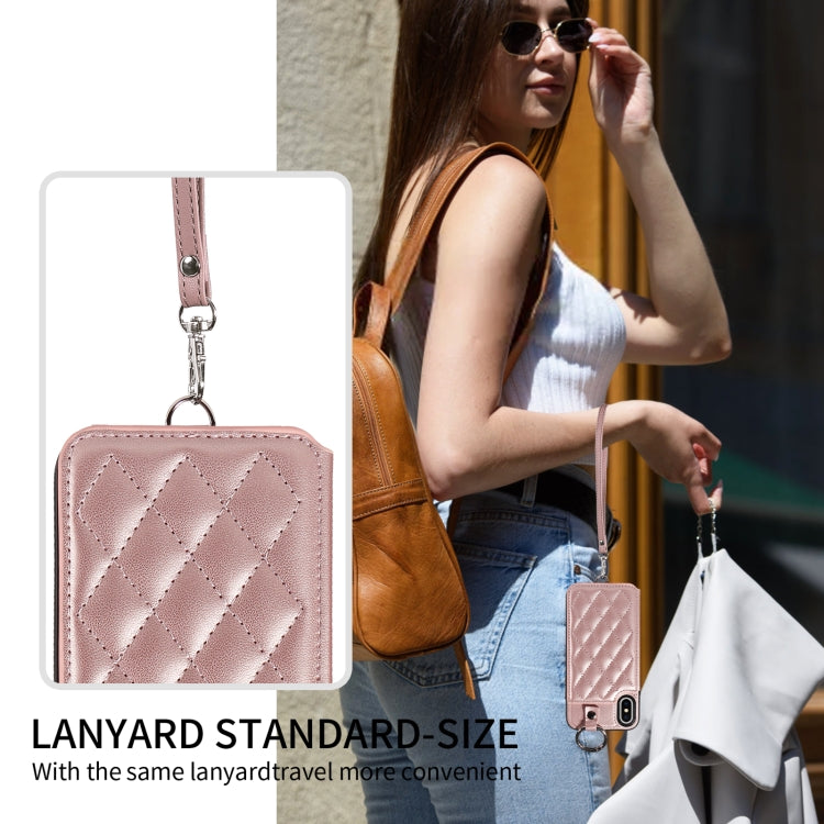 For iPhone XS / X Rhombic Texture Card Bag Phone Case with Short Lanyard