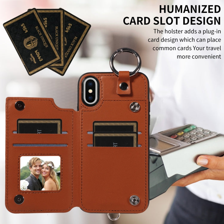 For iPhone XS / X Rhombic Texture Card Bag Phone Case with Short Lanyard