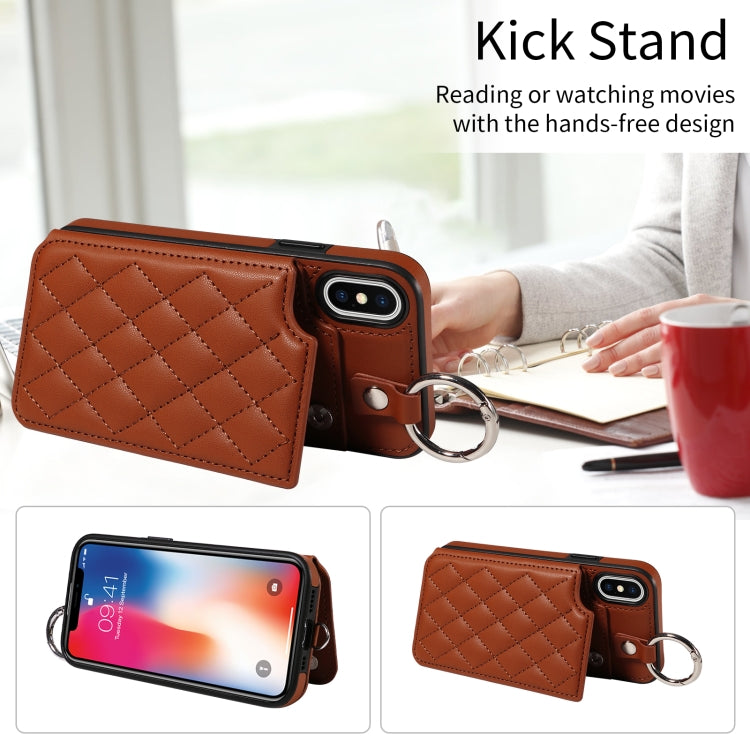 For iPhone XS / X Rhombic Texture Card Bag Phone Case with Short Lanyard