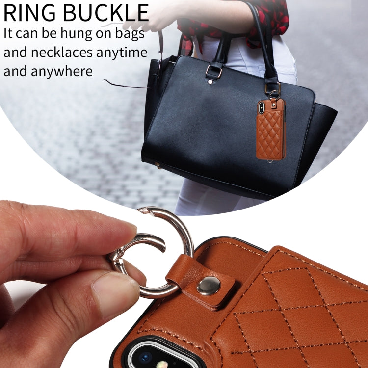 For iPhone XS / X Rhombic Texture Card Bag Phone Case with Short Lanyard