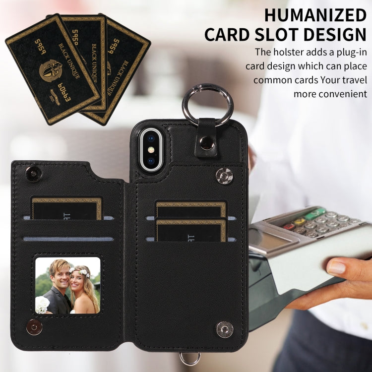 For iPhone XS / X Rhombic Texture Card Bag Phone Case with Short Lanyard
