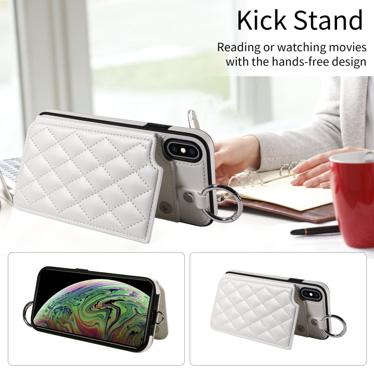 For iPhone XS Max Rhombic Texture Card Bag Phone Case with Short Lanyard