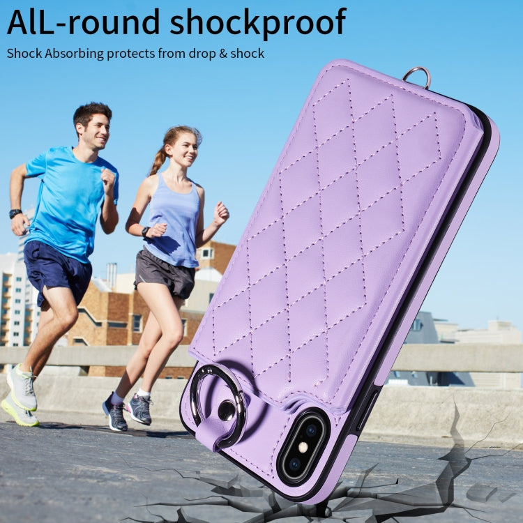 For iPhone XS Max Rhombic Texture Card Bag Phone Case with Short Lanyard