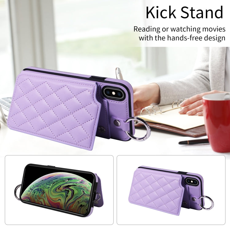 For iPhone XS Max Rhombic Texture Card Bag Phone Case with Short Lanyard